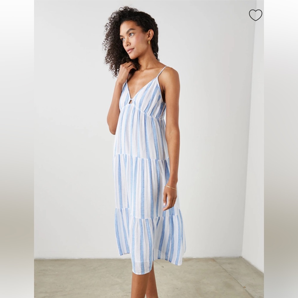 Rails Avril Dress Gibson Stripe Blue/ White Linen Midi Tiered Sundress NWOT